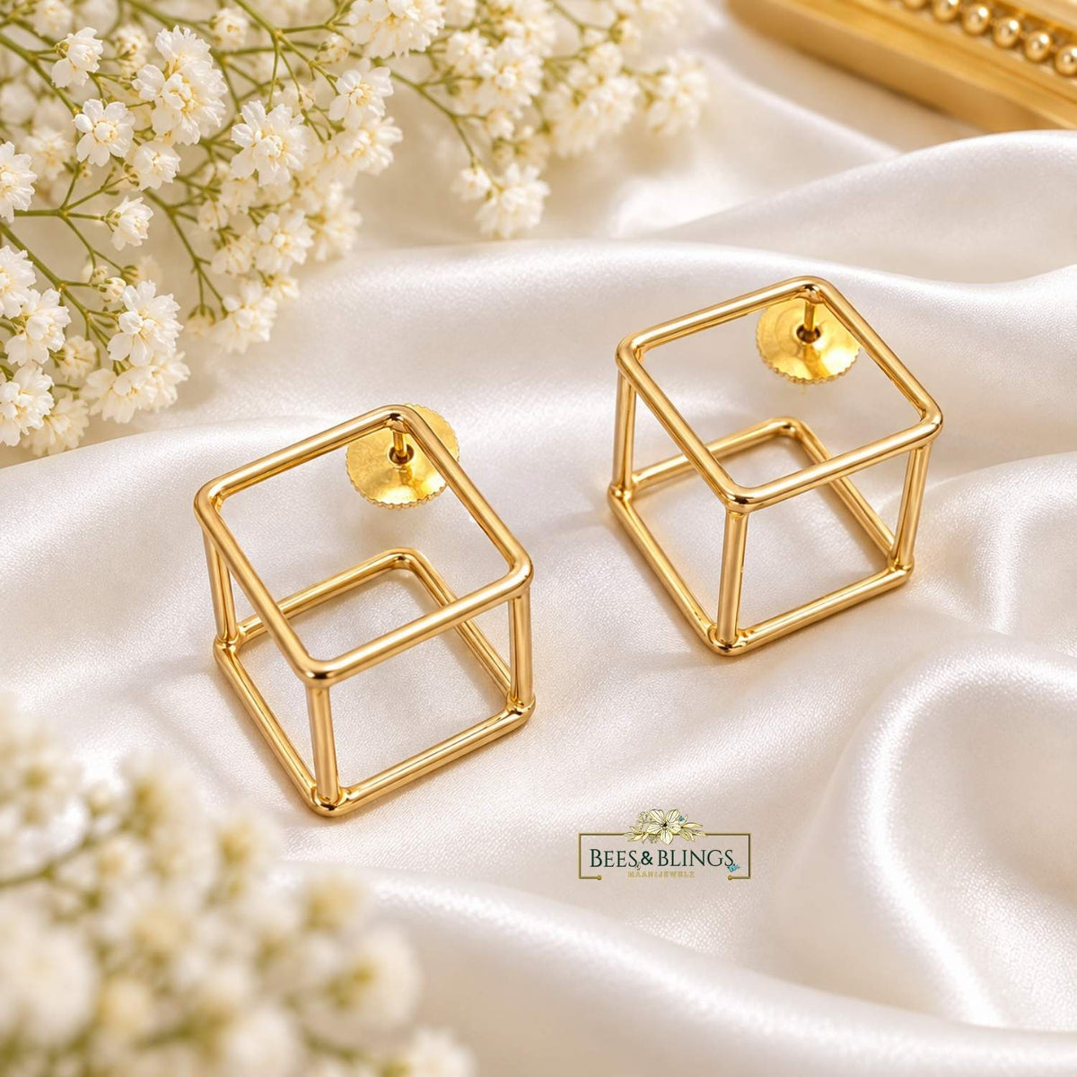 Gold Geometric Cube Stud Earrings