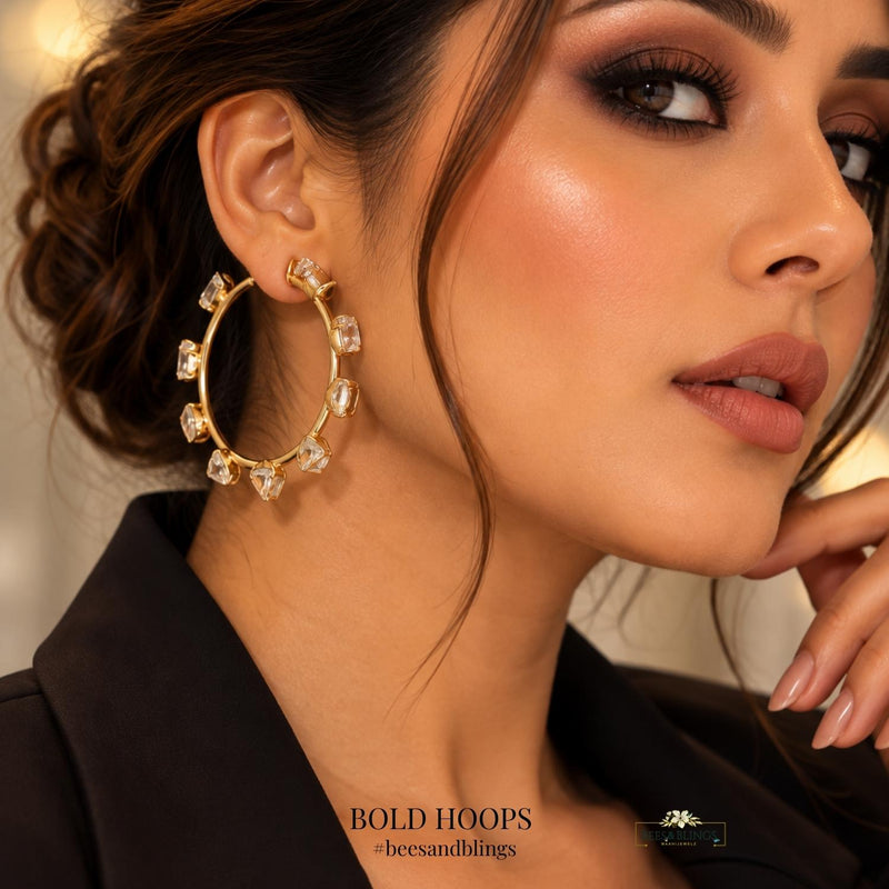 Golden Crystal Hoop Earrings  – Statement Earrings for Women