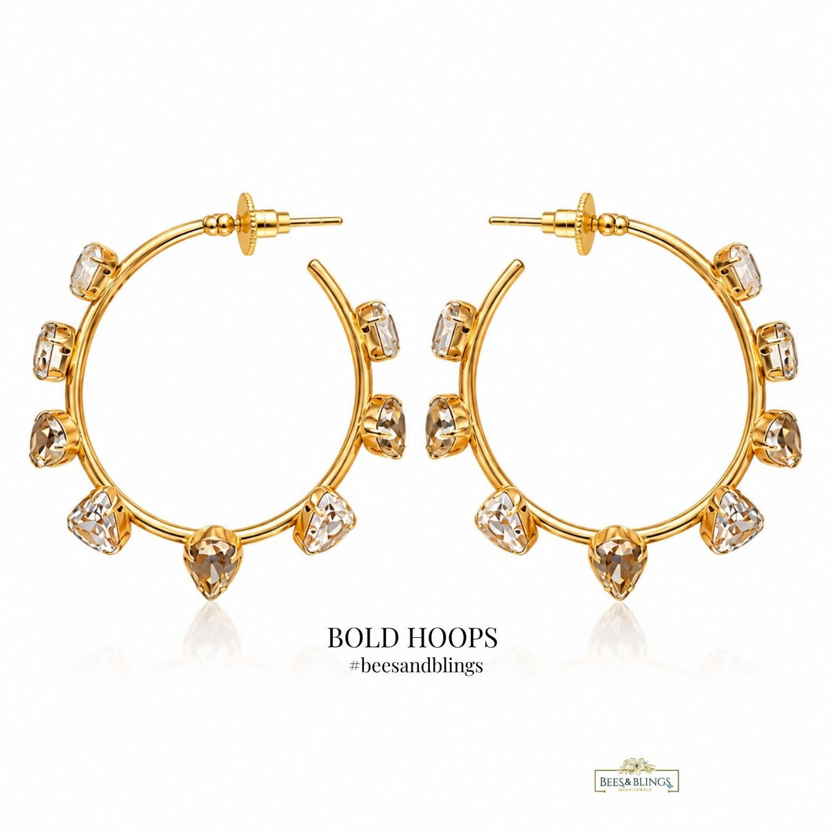 Golden Crystal Hoop Earrings  – Statement Earrings for Women