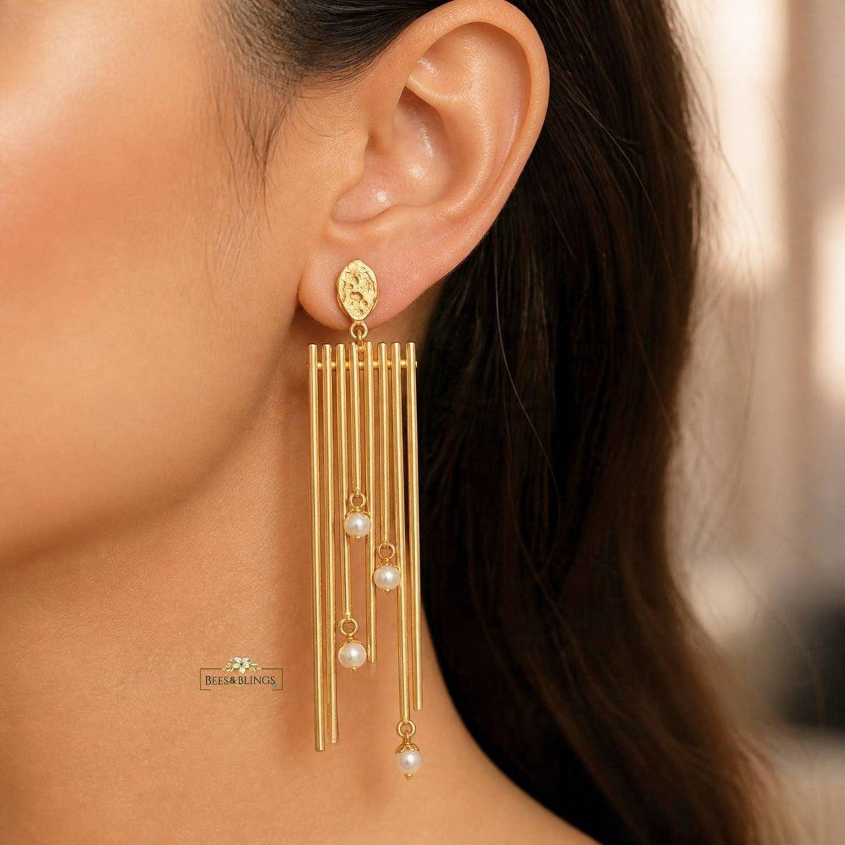 Golden Long Earrings with Pearl Drops – Statement Earrings