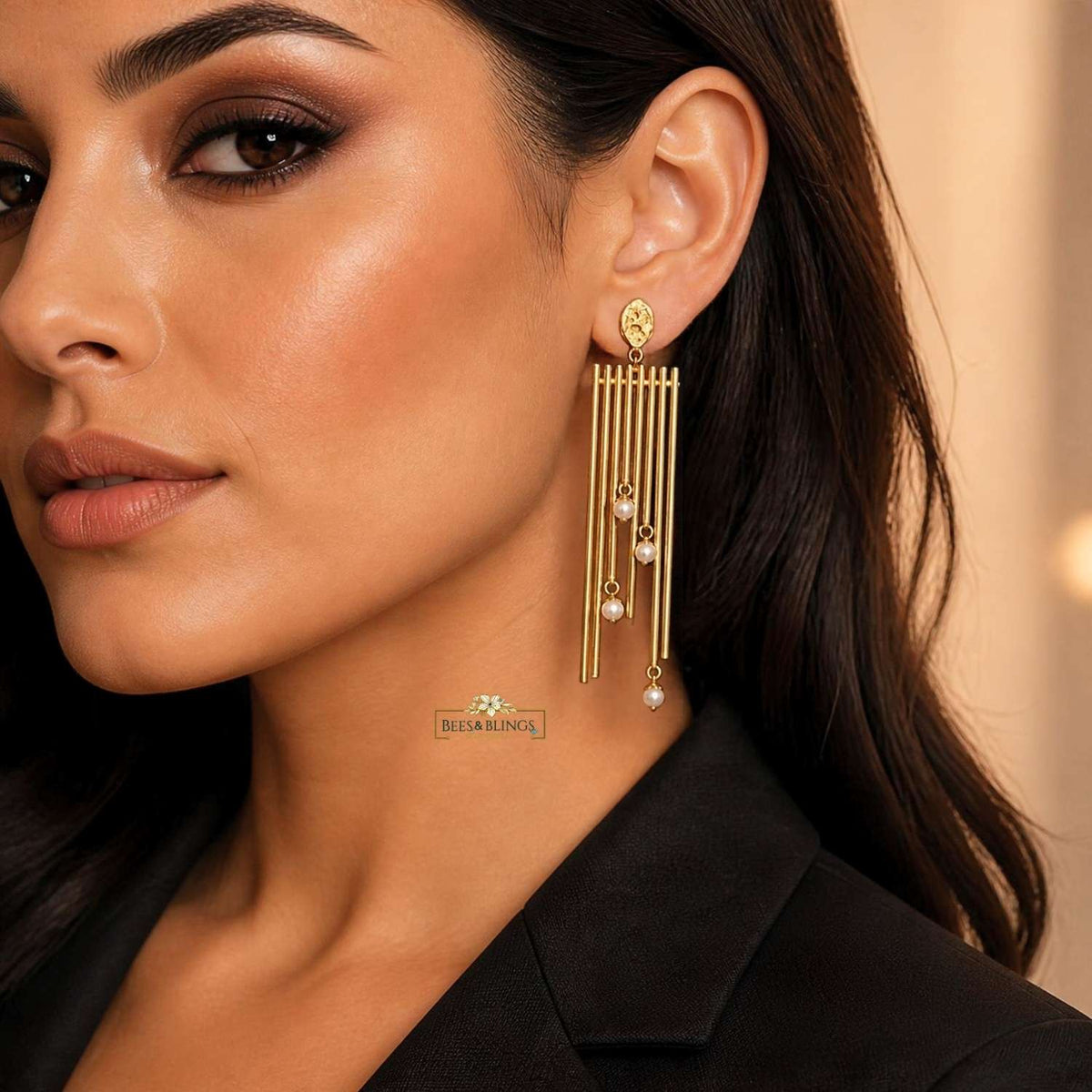 Golden Long Earrings with Pearl Drops – Statement Earrings