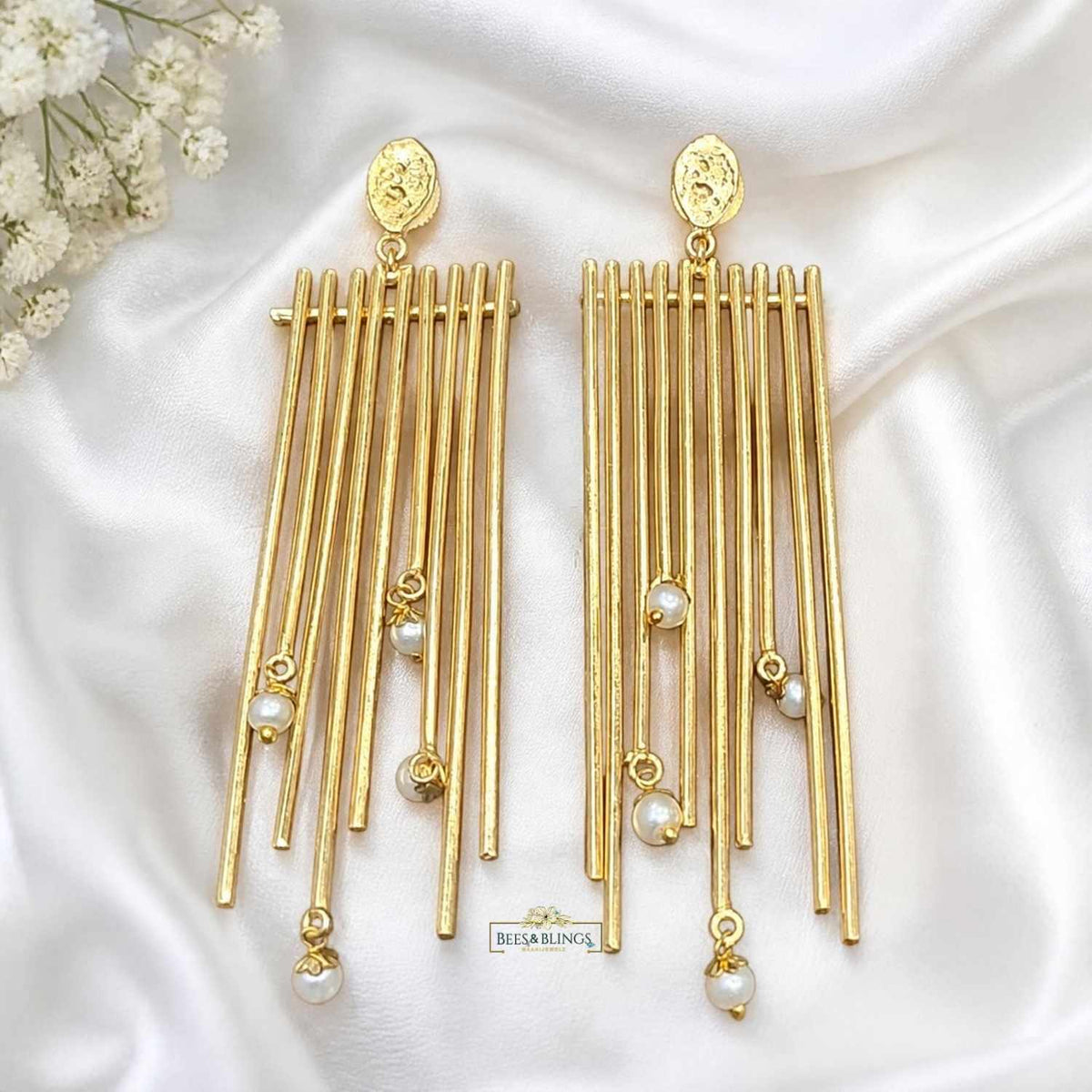 Golden Long Earrings with Pearl Drops – Statement Earrings