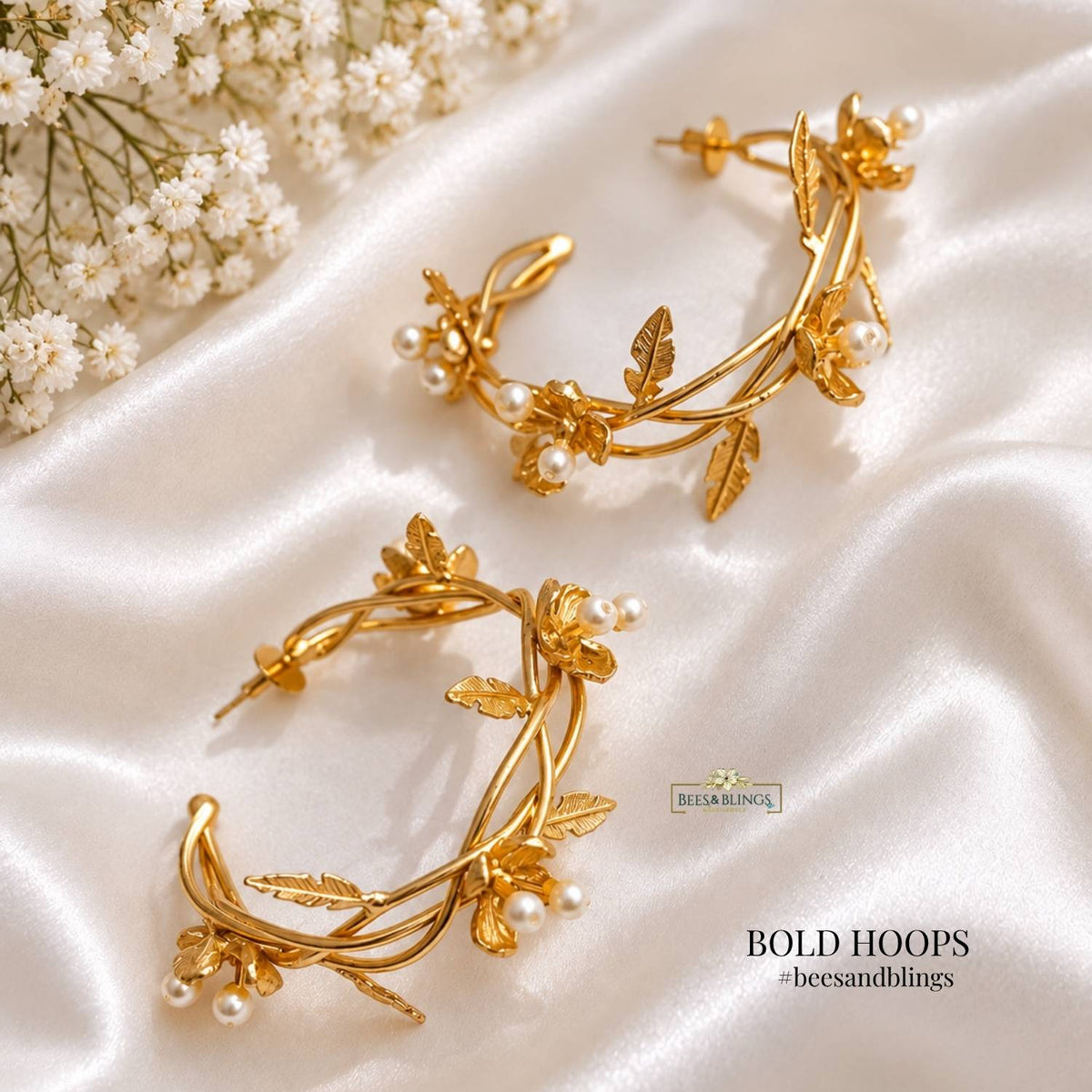 Gold Plated Floral Hoop Earrings  – Statement Earrings for Women