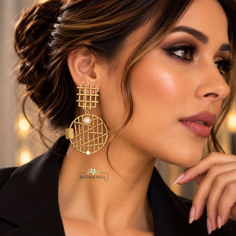 Gold-Tone Geometric Pearl Statement Drop Earrings