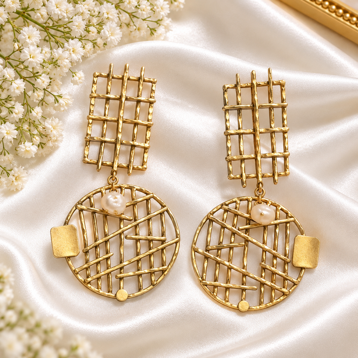 Gold-Tone Geometric Pearl Statement Drop Earrings