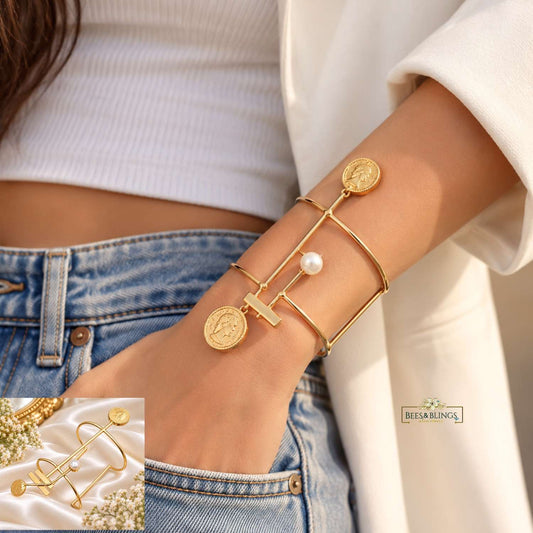 Golden Geometric Coin Statement Cuff Bracelet