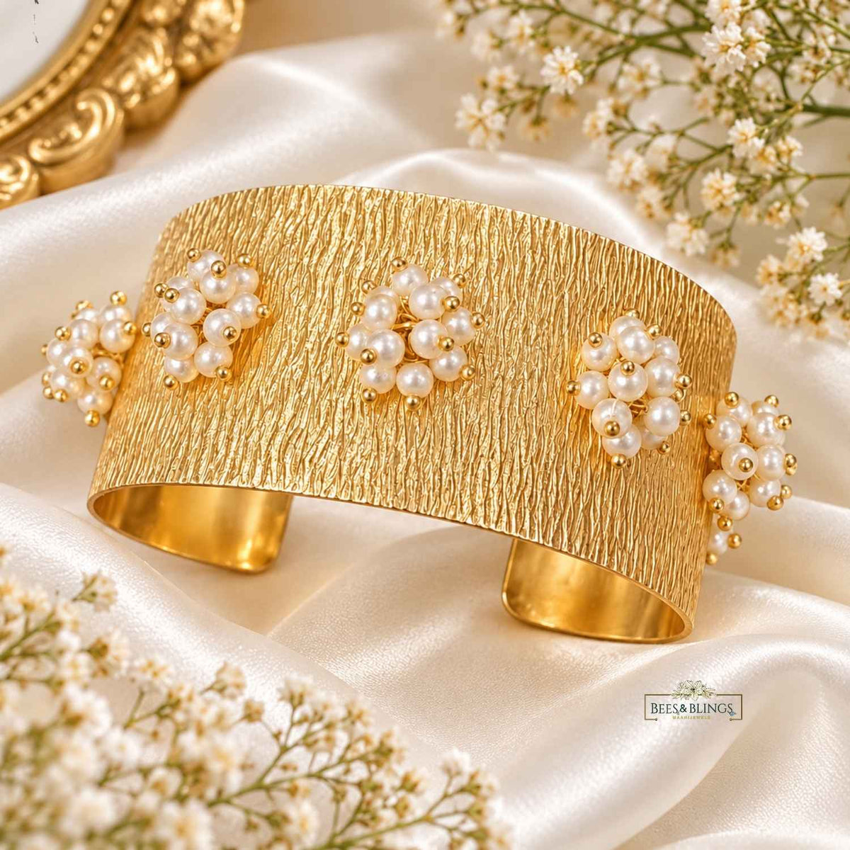 Gold Textured Pearl Statement Cuff Bracelet