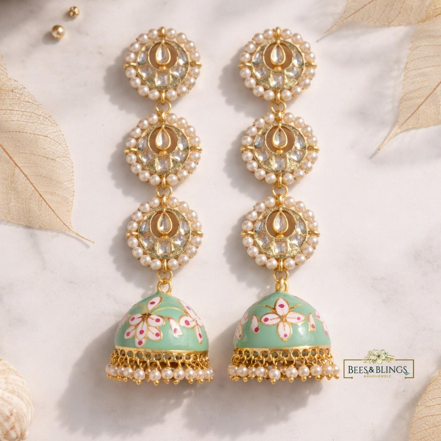 c-green Kundan wedding Jhumkis