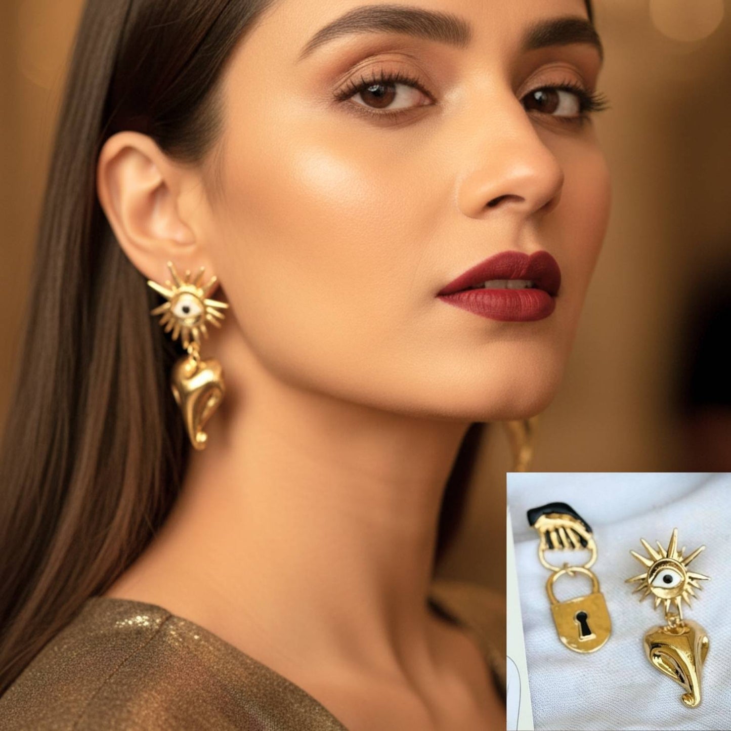 golden Evil Eye Heart Statement Earrings