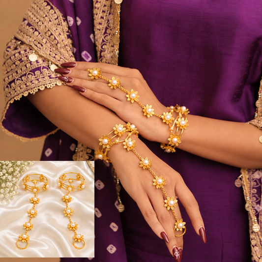 Golden Floral Ghungroo Haath Phool (PAIR)