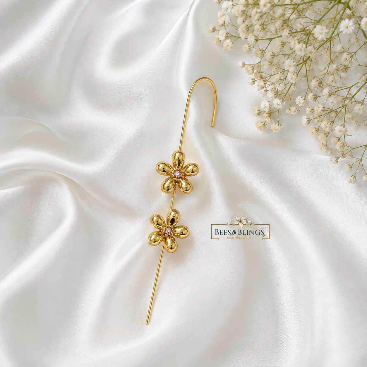 Golden floral ear climbers