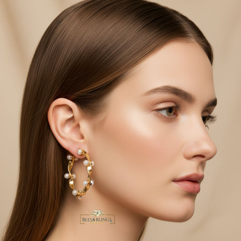 golden pearl hoop statement earrings