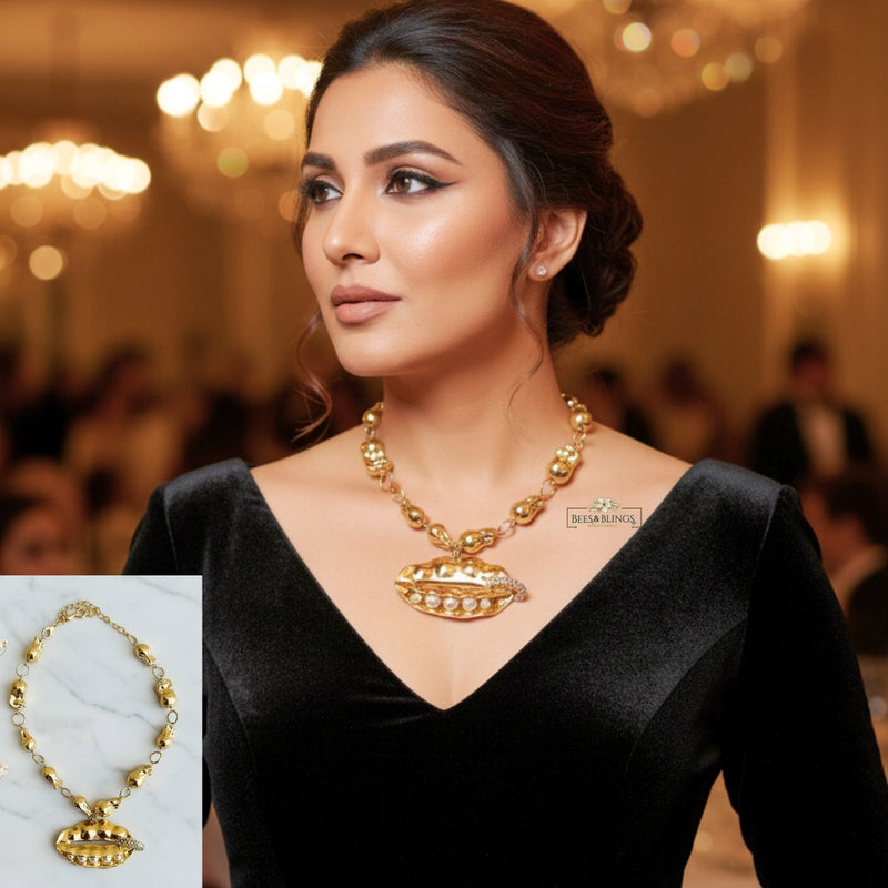 Gold Pearl Lips Statement Necklace