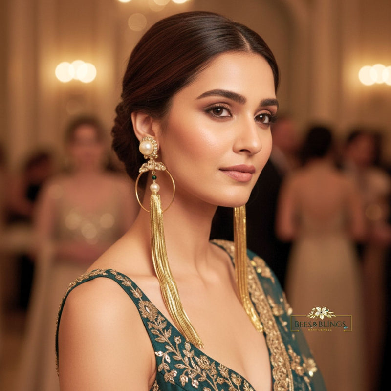 golden long tassel  statement earrings