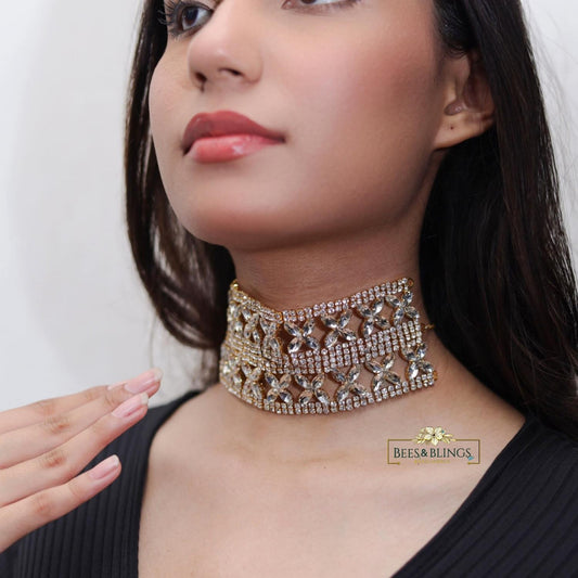Golden crystal statement choker necklace