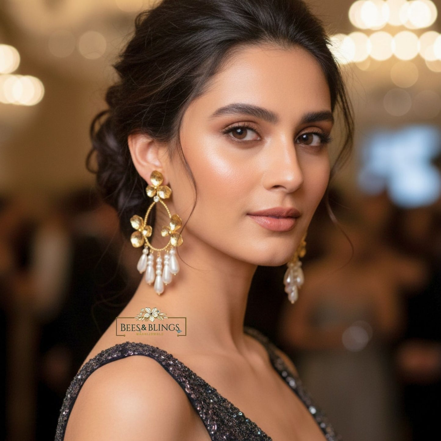 golden Floral Pearl Drop Earrings