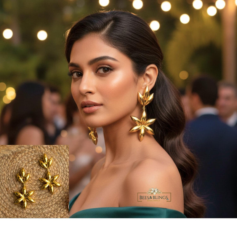 Gold Floral Statement Drop Earrings