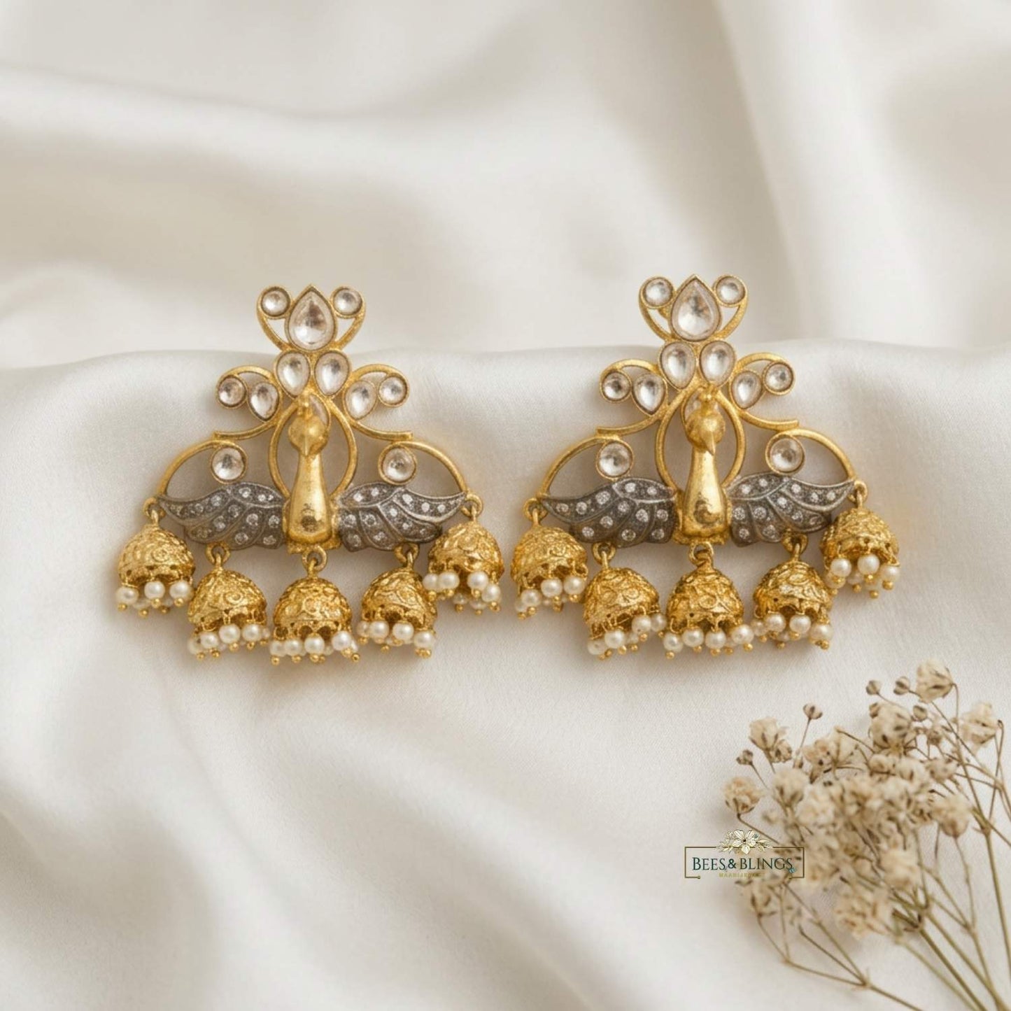 Golden Peacock Kundan Jhumkis
