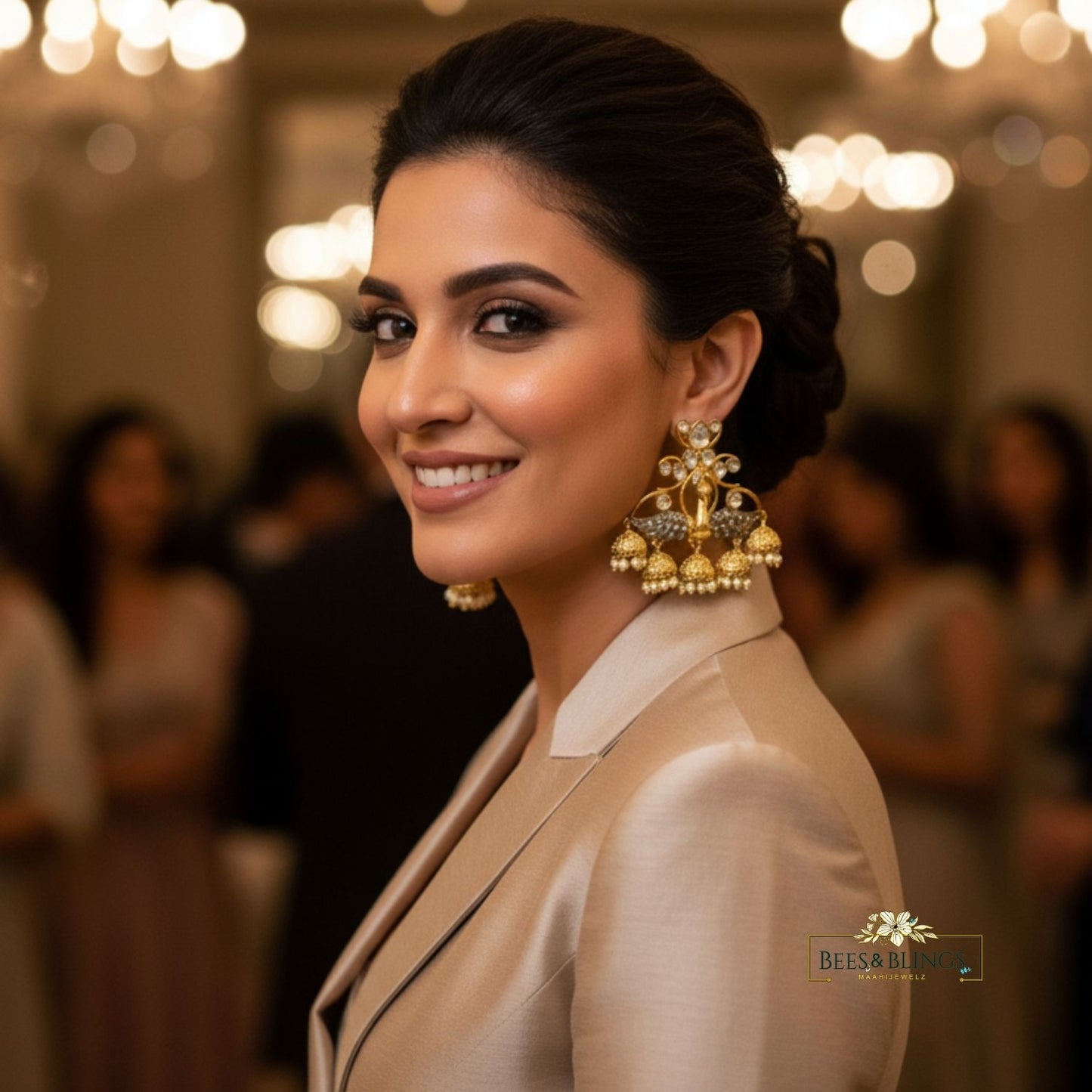 Golden Peacock Kundan Jhumkis