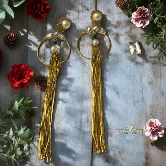 golden long tassel  statement earrings