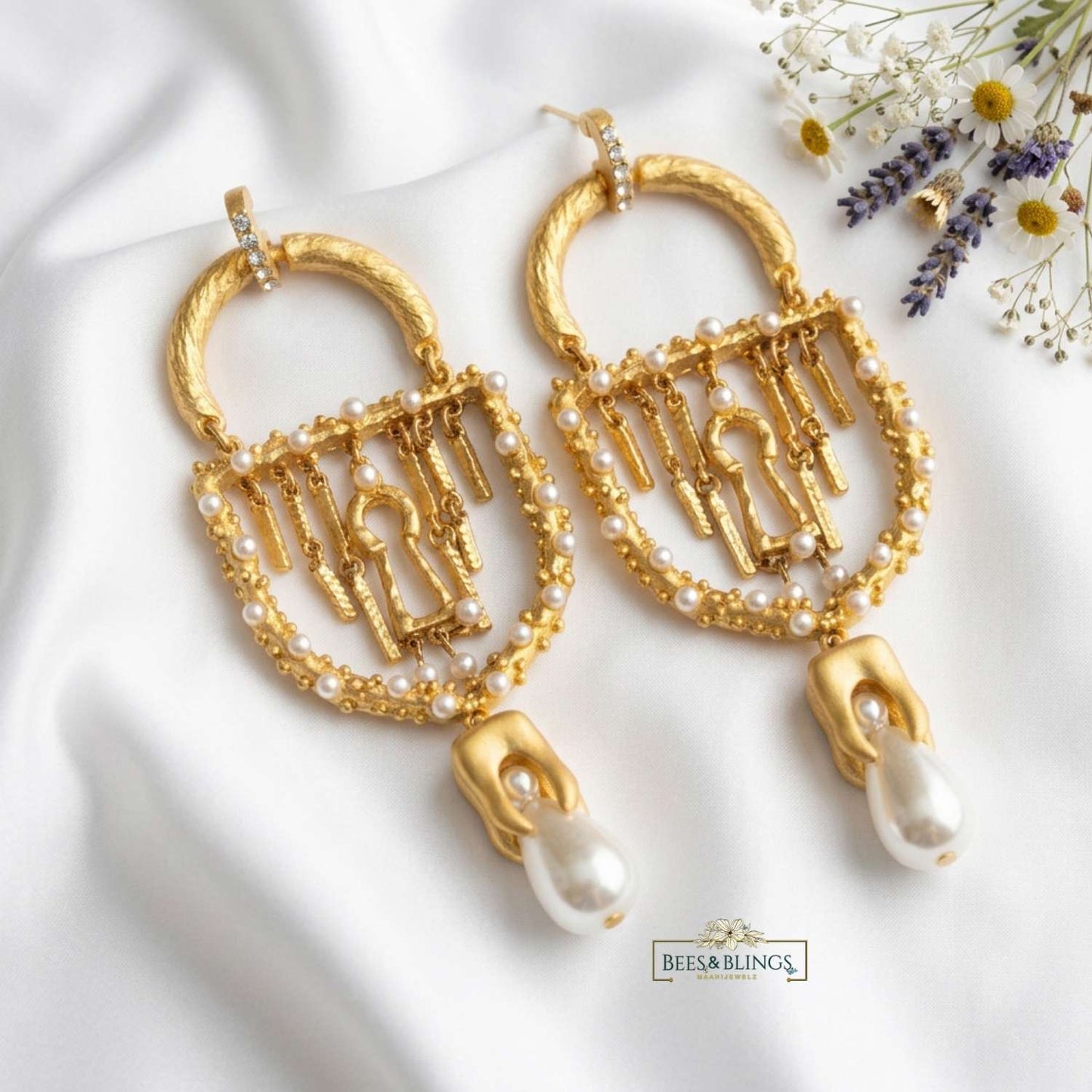 Golden Pearl Baroque Stud Earrings