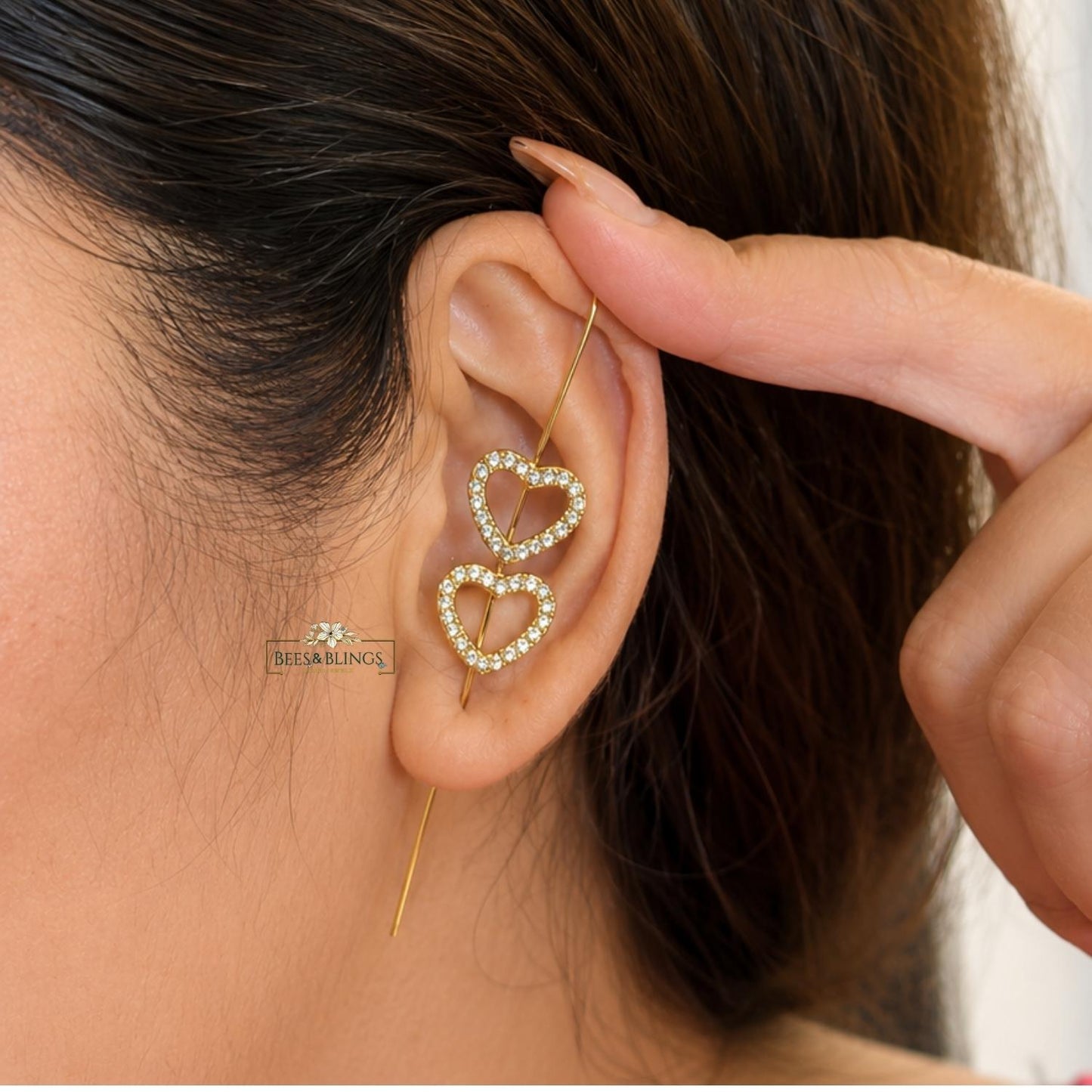 Golden Heart statement ear climbers