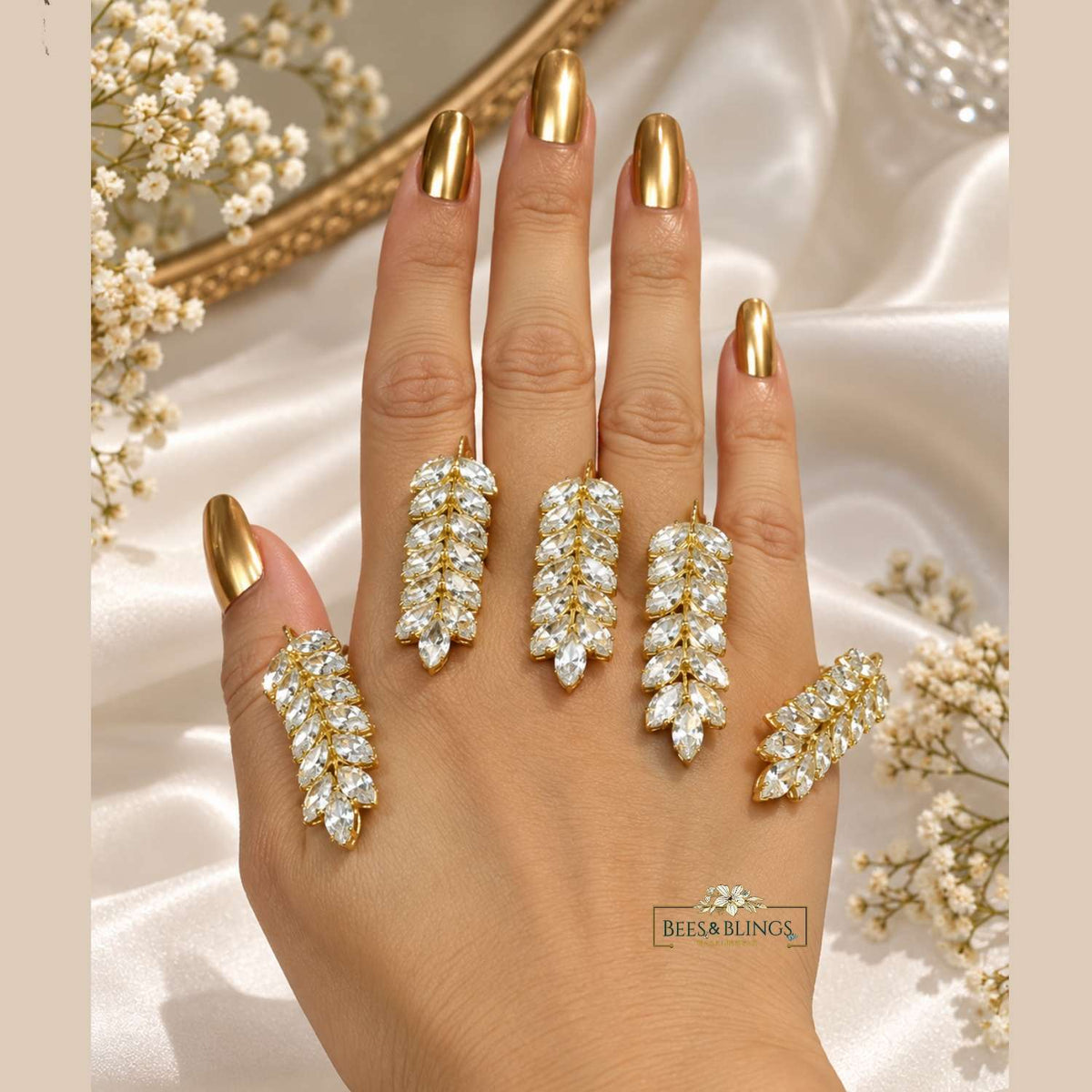 Gold Plated Crystal Leaf Statement Ring
