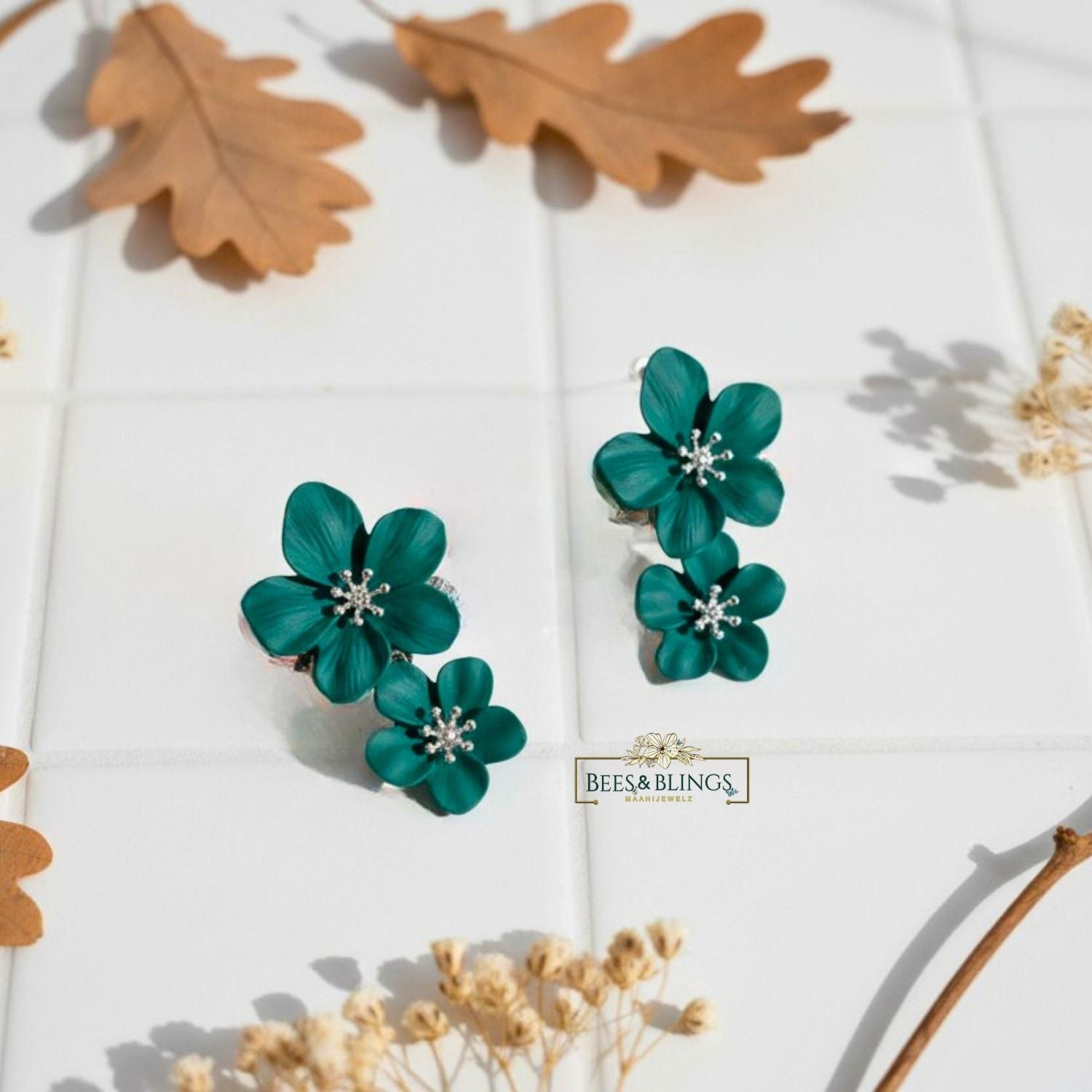 green-floral-statement-studs