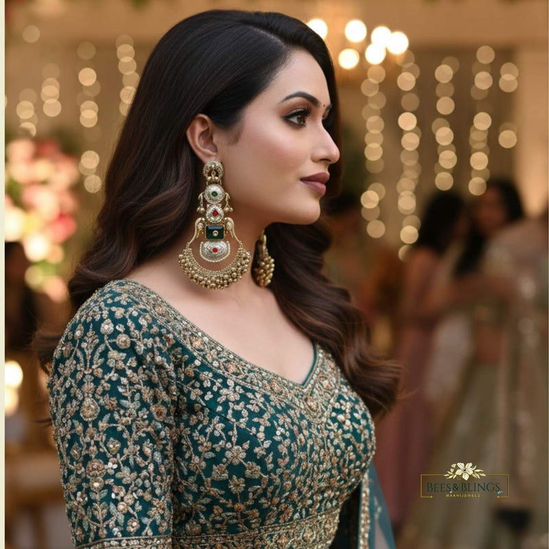 Green golden ethnic jhumkas