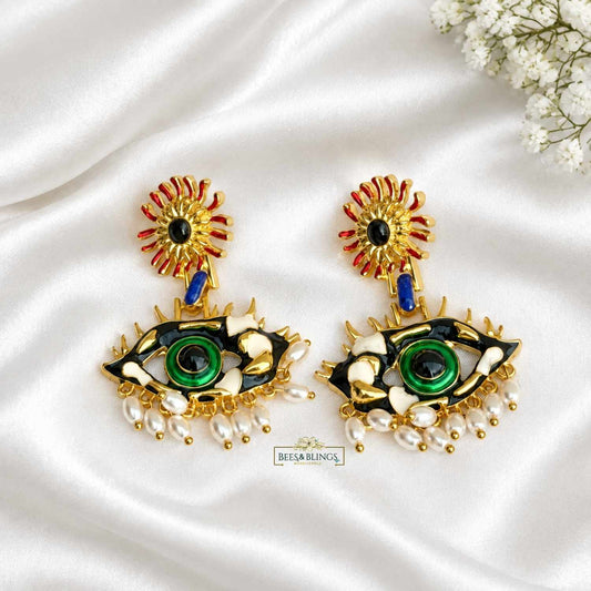 Grren-Gold Evil Eye Statement Earrings