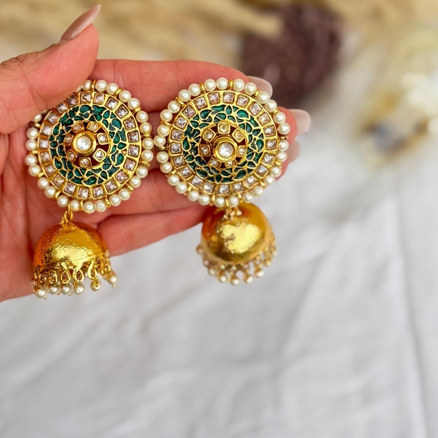 green Traditional Kundan Jhumkis
