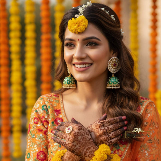 Green Meenakari Kundan Jhumkis