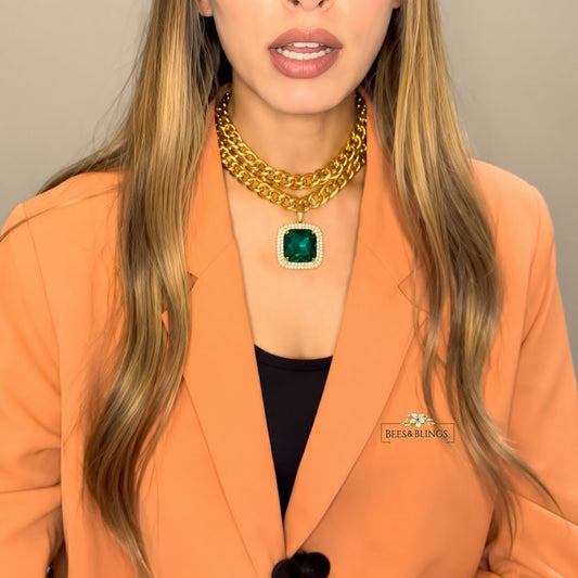 Golden-Tone Emerald Green Stone Statement