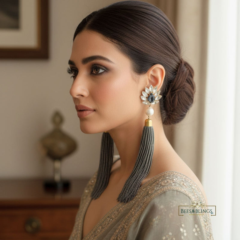 Grey long tassel earrings