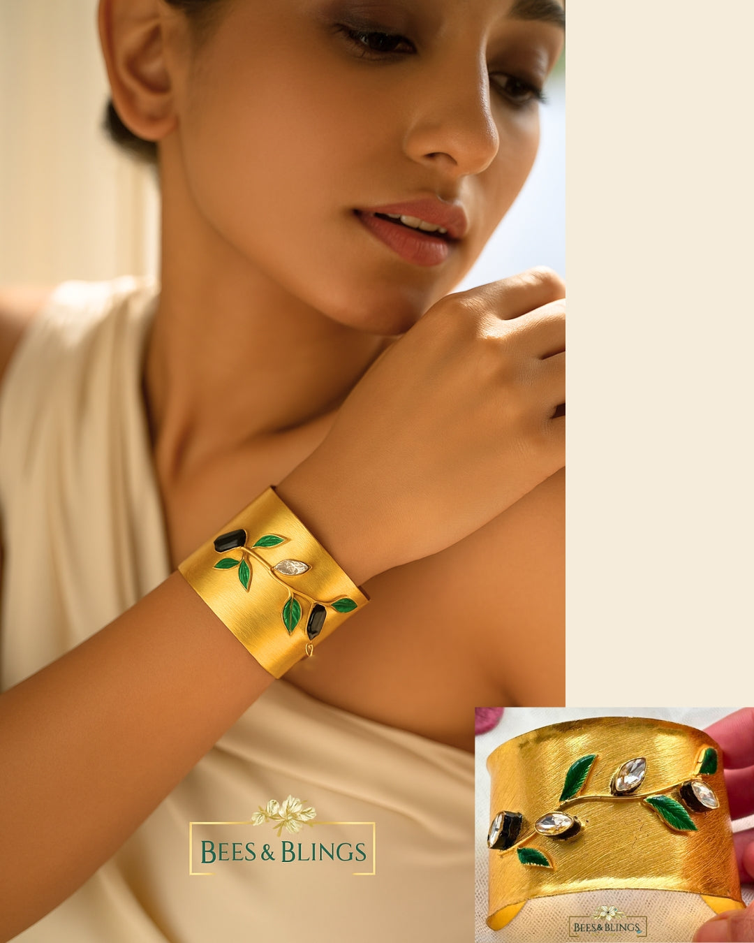 gold plated modern hand bracelet