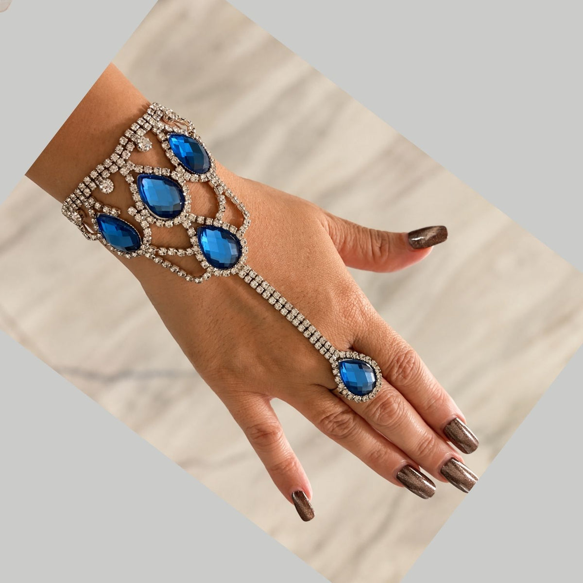 Silver-Blue statement hand harness