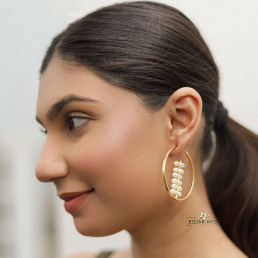golden pearl hoop statement earrings