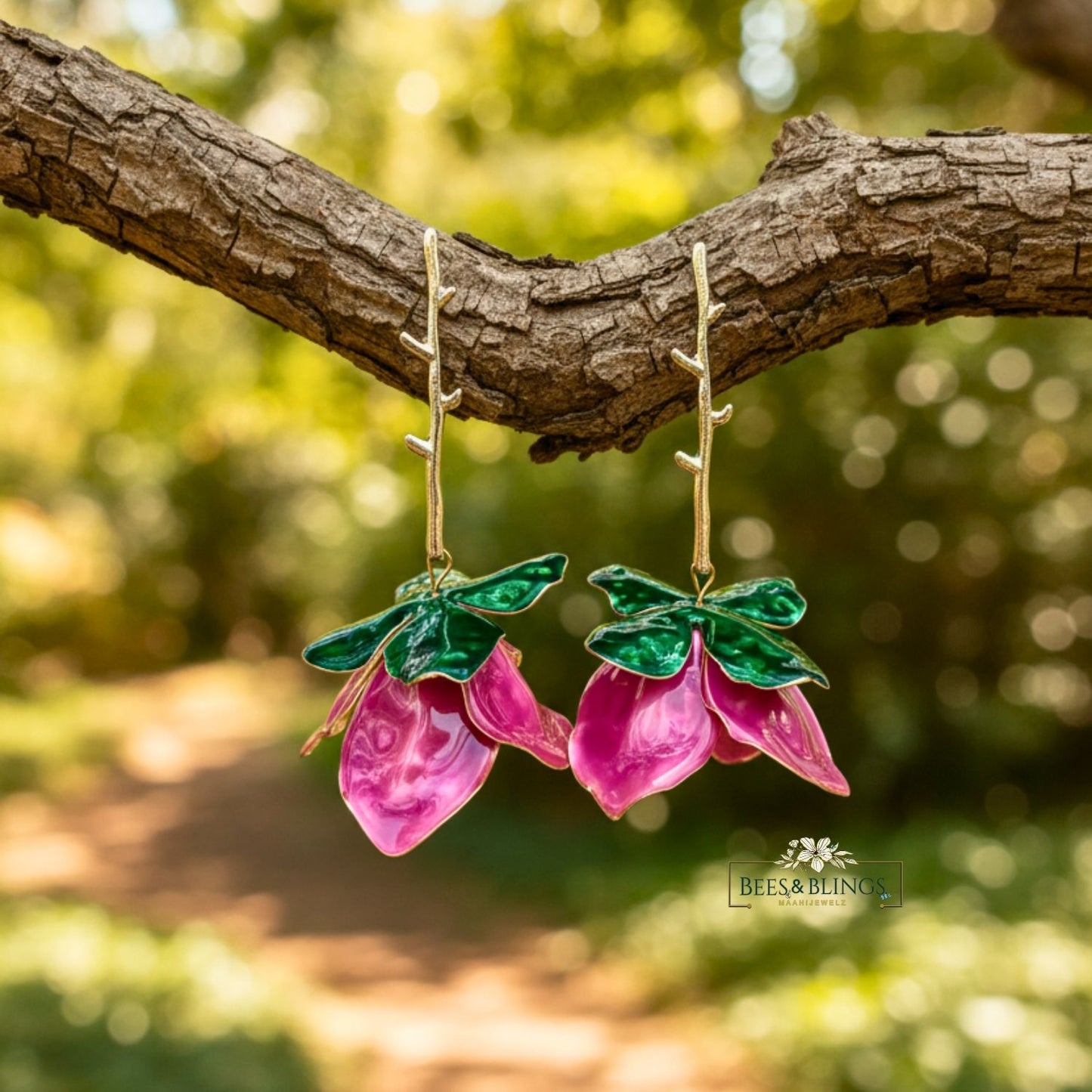 hot-pink-green-floral drop-statement-earring