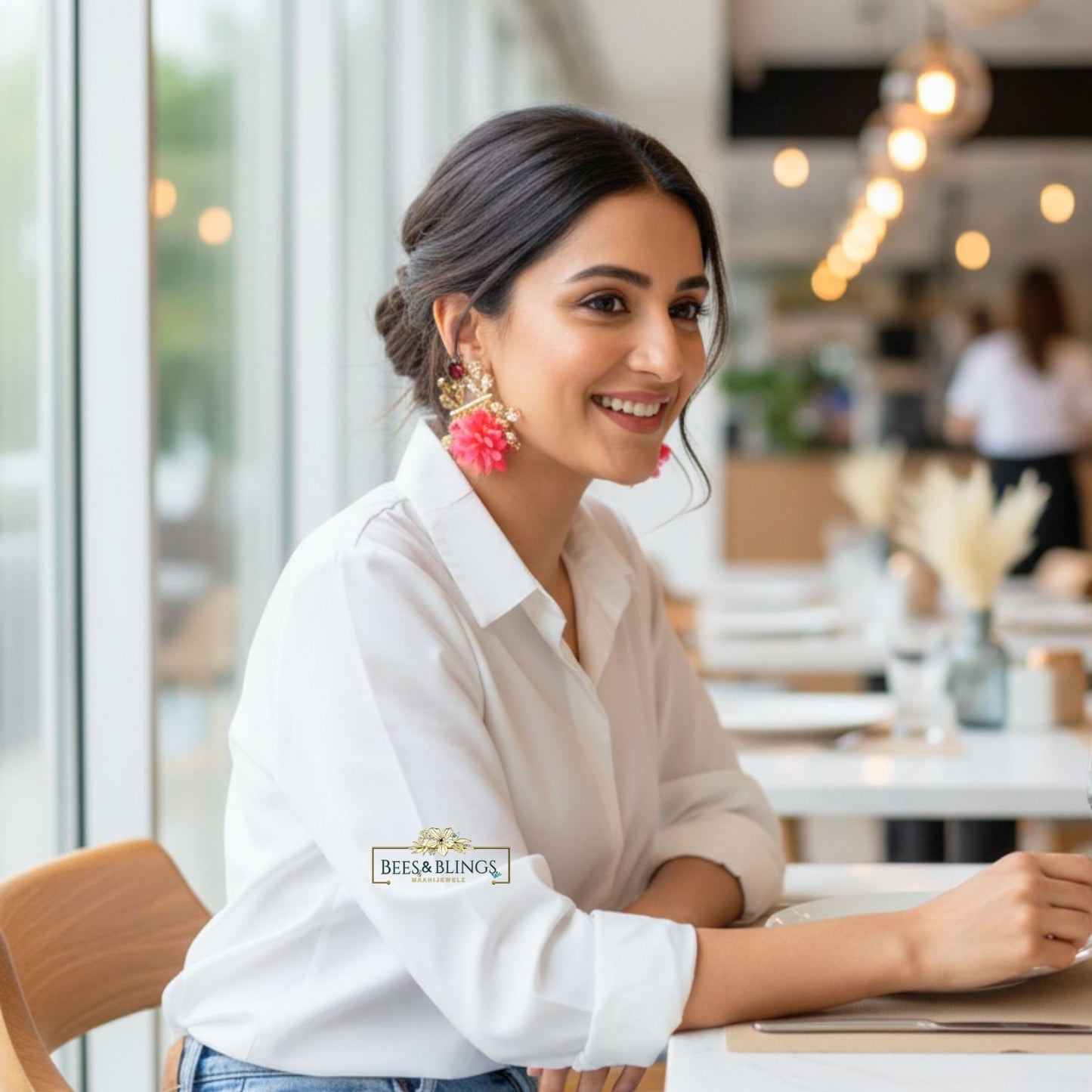 Pink Floral Crystal Statement Drop Earrings