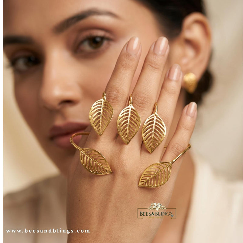 Gold Leaf Palm Cuff with Finger Rings | Hand Accessory