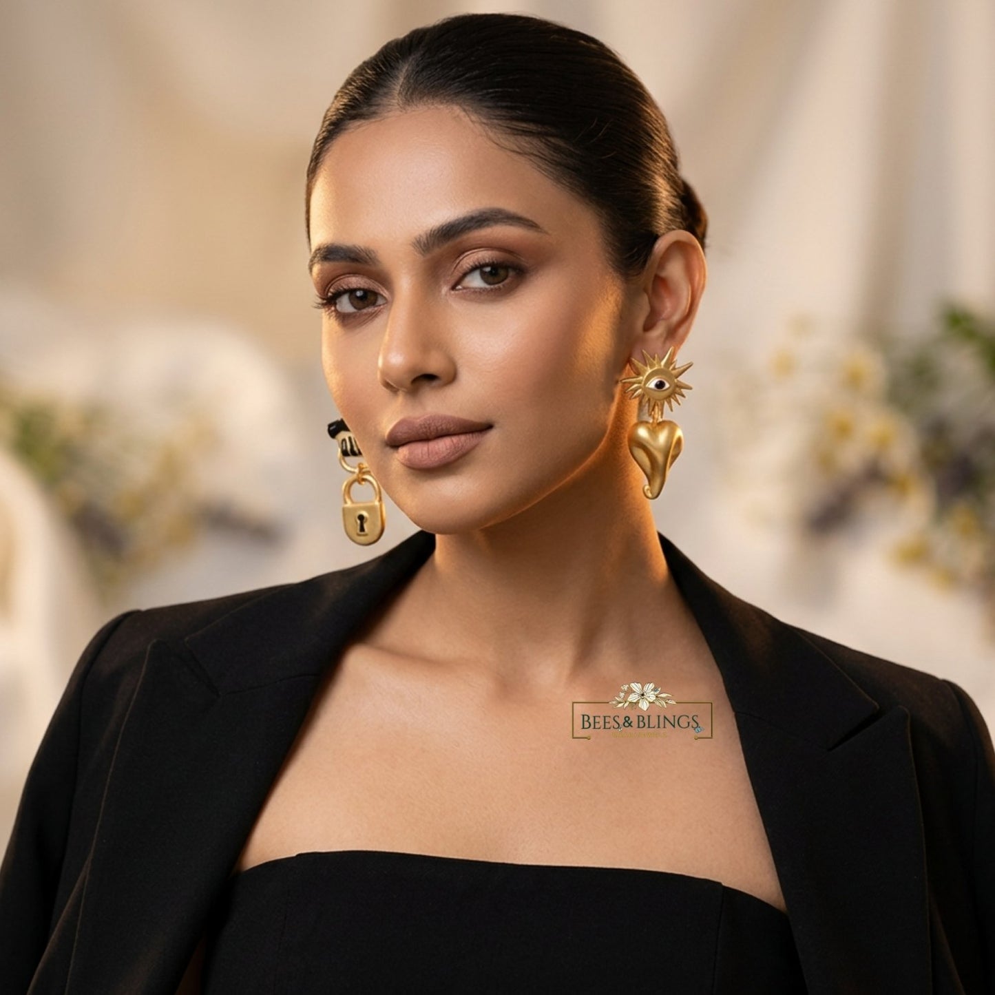 Golden Evil Eye Heart Statement Earrings