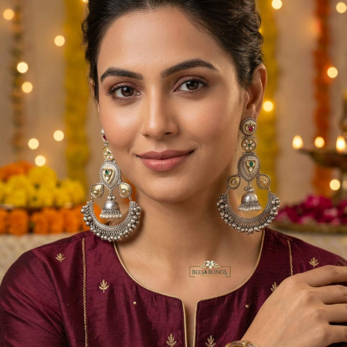 Silver Kundan Ethnic Jhumkis