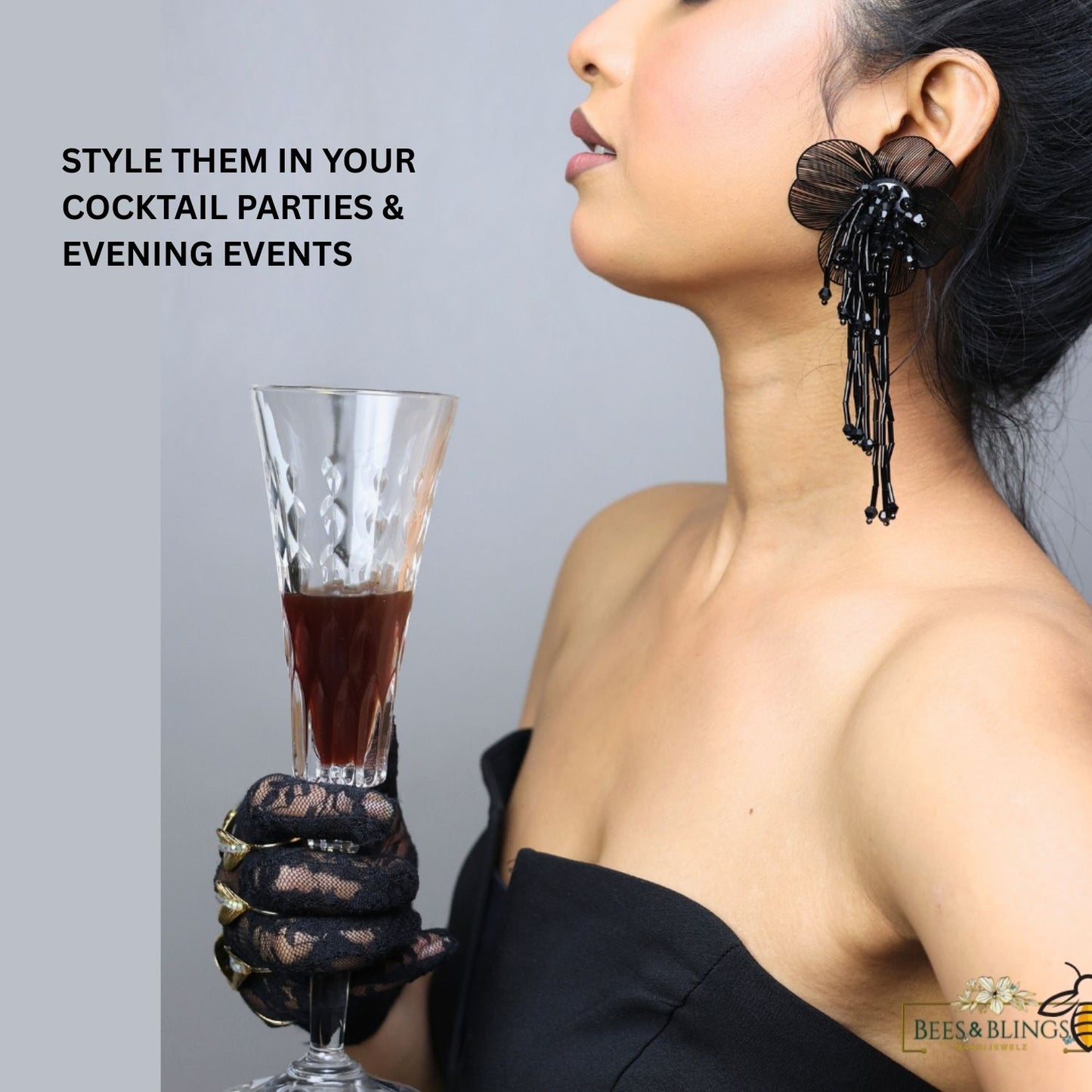 Black Floral Statement Tassel Earrings