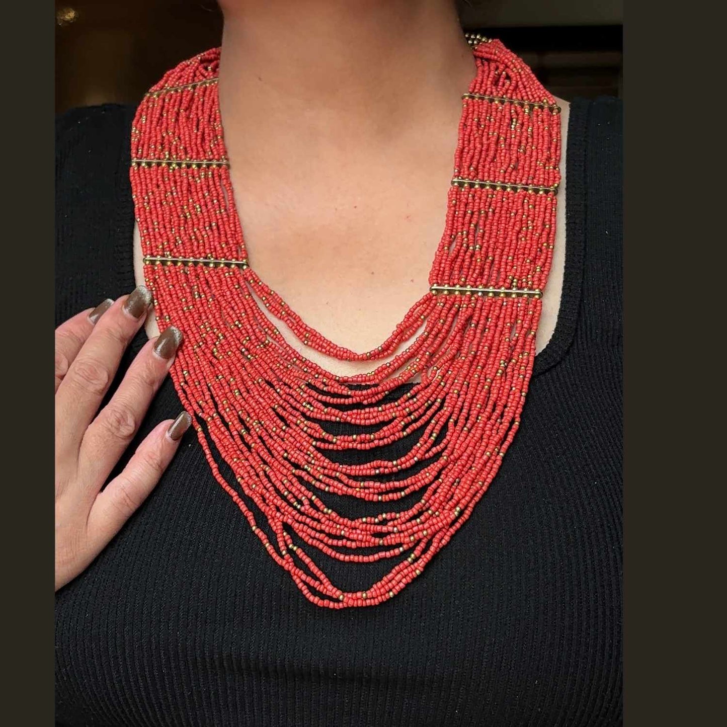 Red Beaded Multi-Strand Necklace