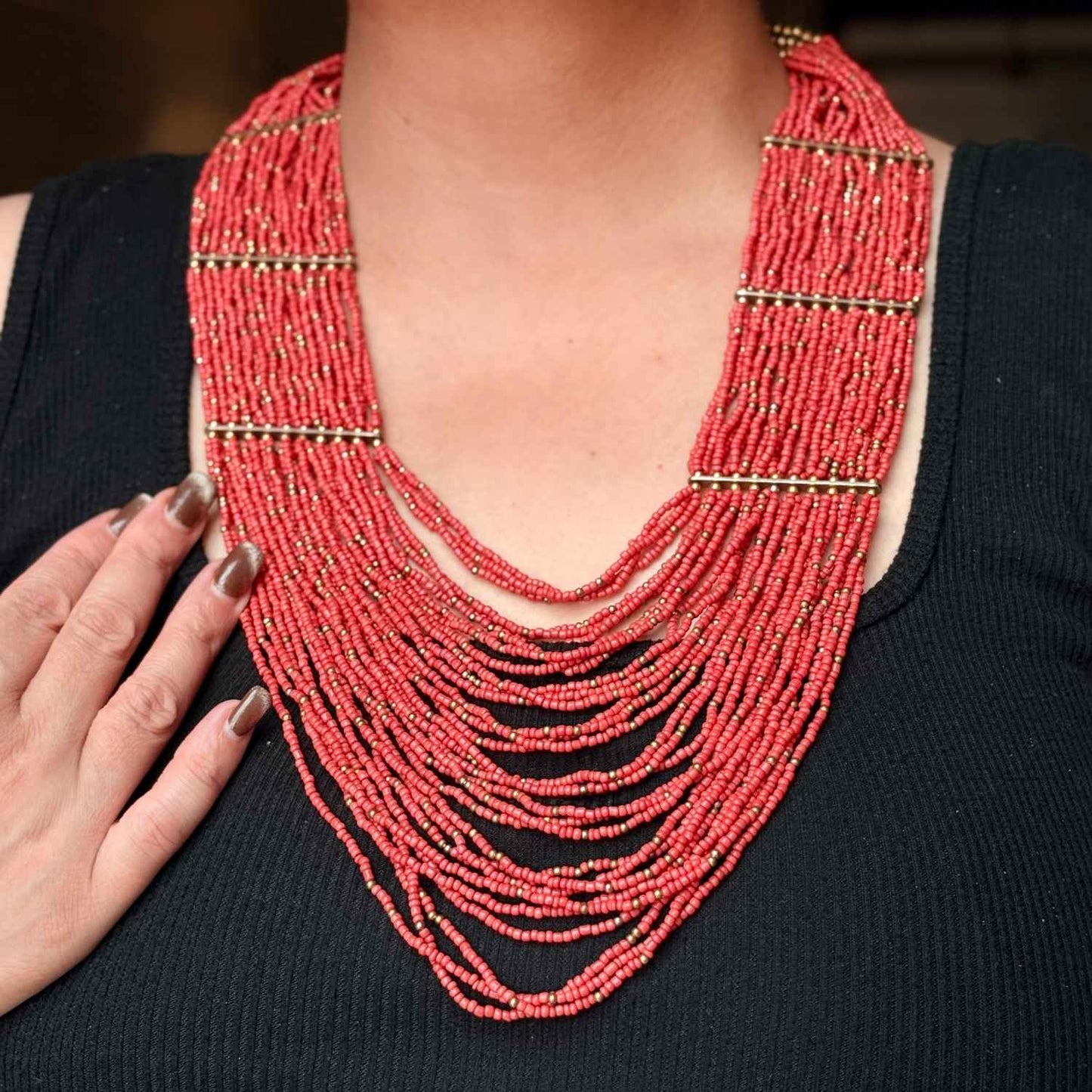 Red Beaded Multi-Strand Necklace