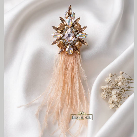 Peach Crystal Feather Tassel Statement Ring | Cocktail Ring