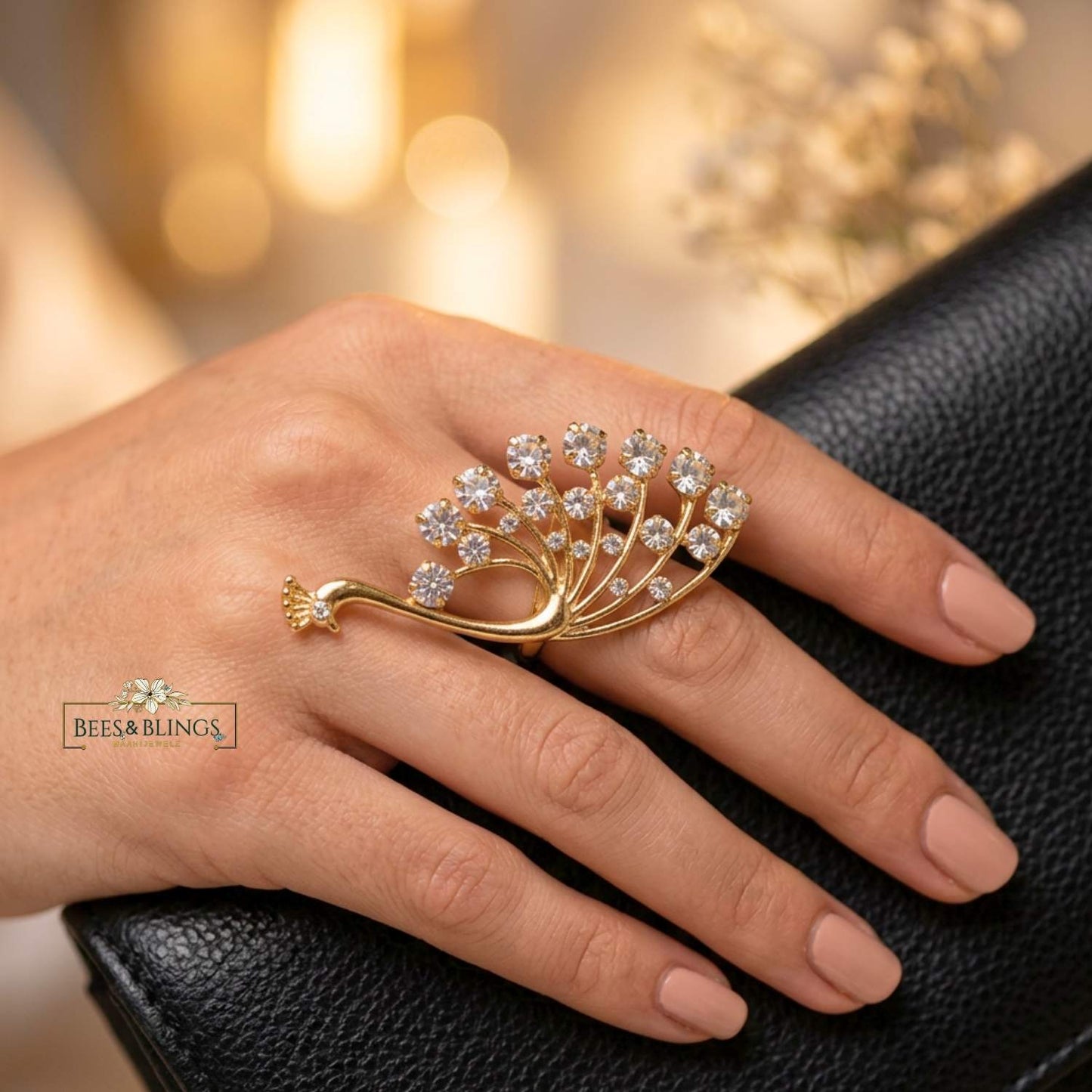 Golden Peacock Statement Ring with Crystal Stones