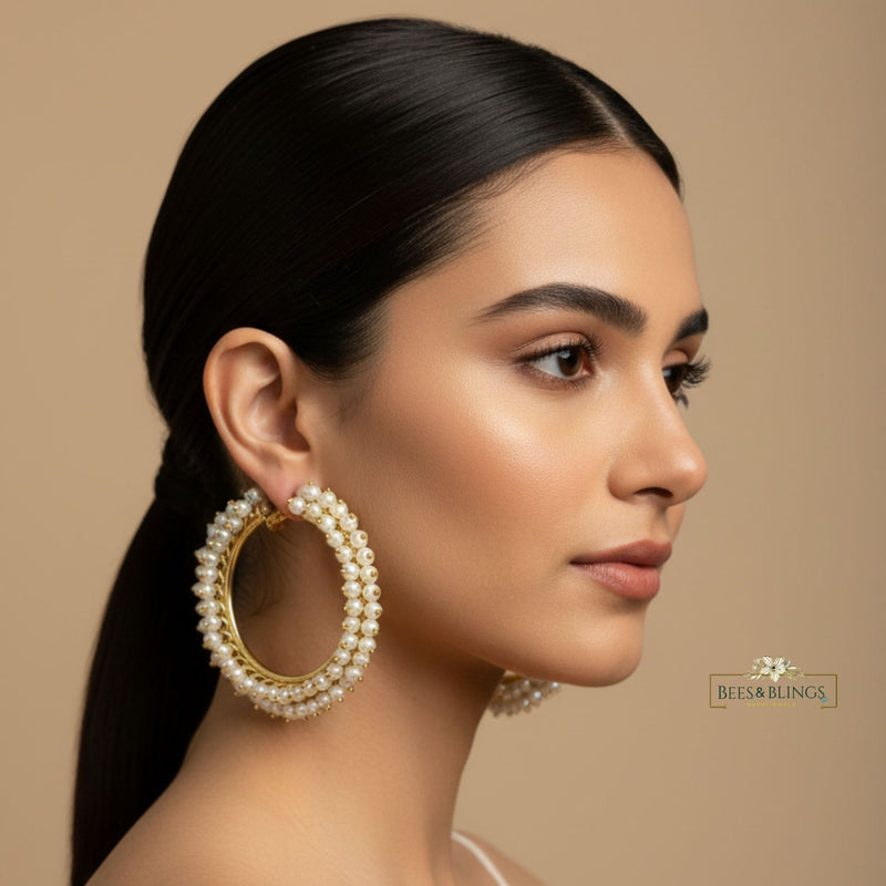 Gold Plated Pearl Hoop Earrings | Chunky Statement Hoops for Women