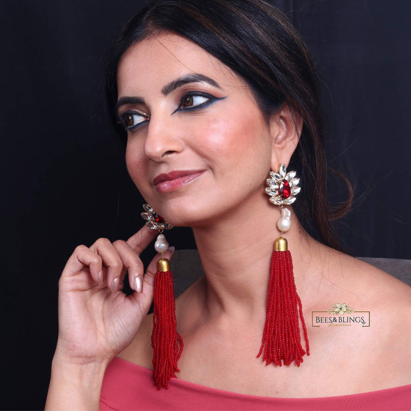 Mehroon Long Tassel Earrings