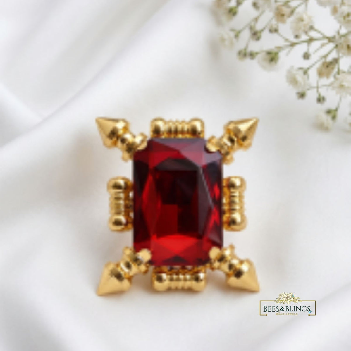 Black & Red Crystal Statement Ring | Gold Spike Cocktail Ring